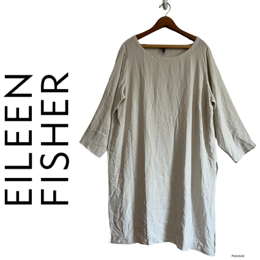 ❌ Eileen Fisher 2X, 100% Silk Tunic Long Sleeve Split Hem White Cream 2XL XXL